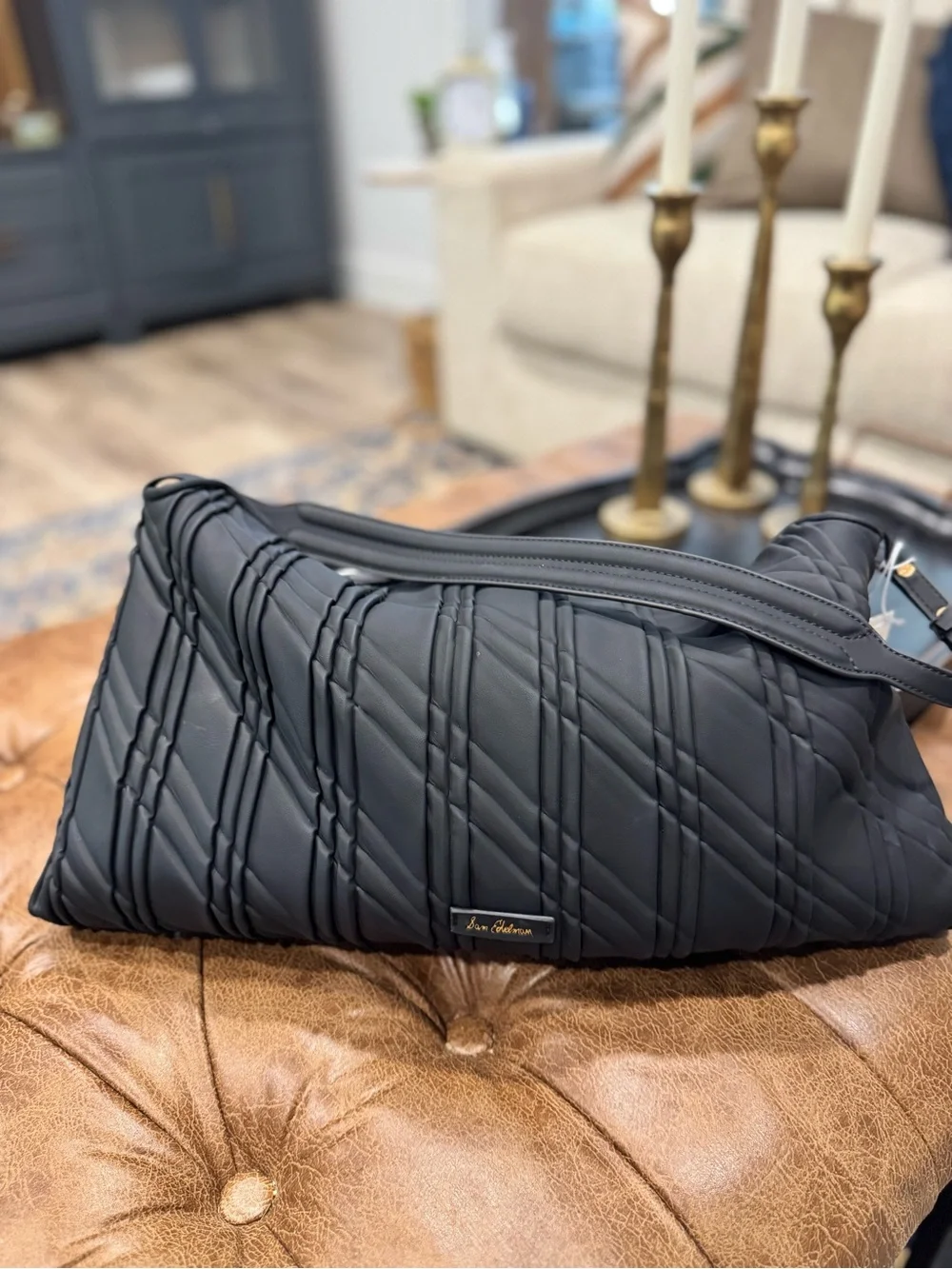 Sam Edelman Black Quilted Peddy Shoulder Bag with Textured Diagonal Stitching